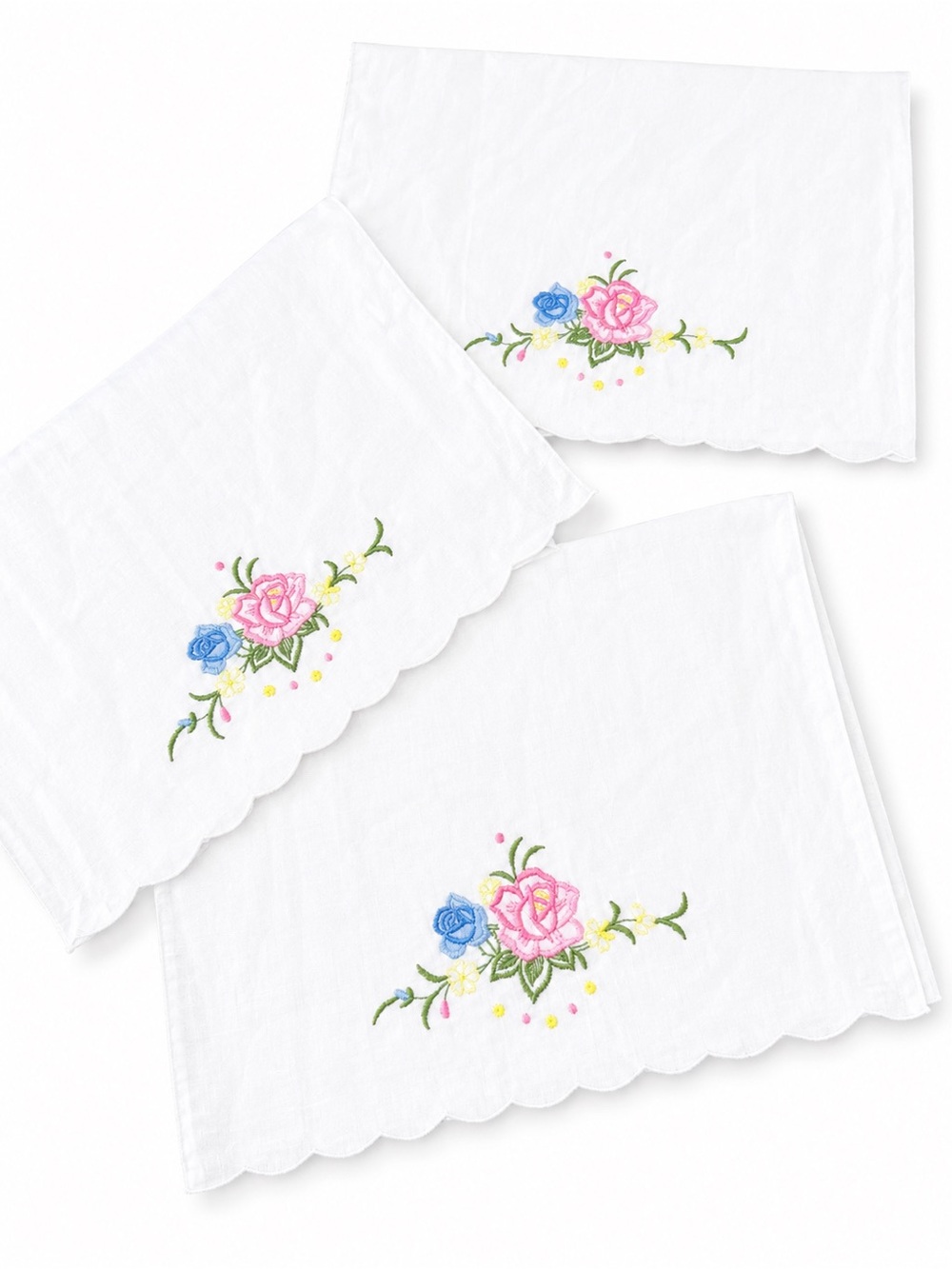 Vintage White Embroidered Floral Linen Napkins Scalloped Edge Set of 3